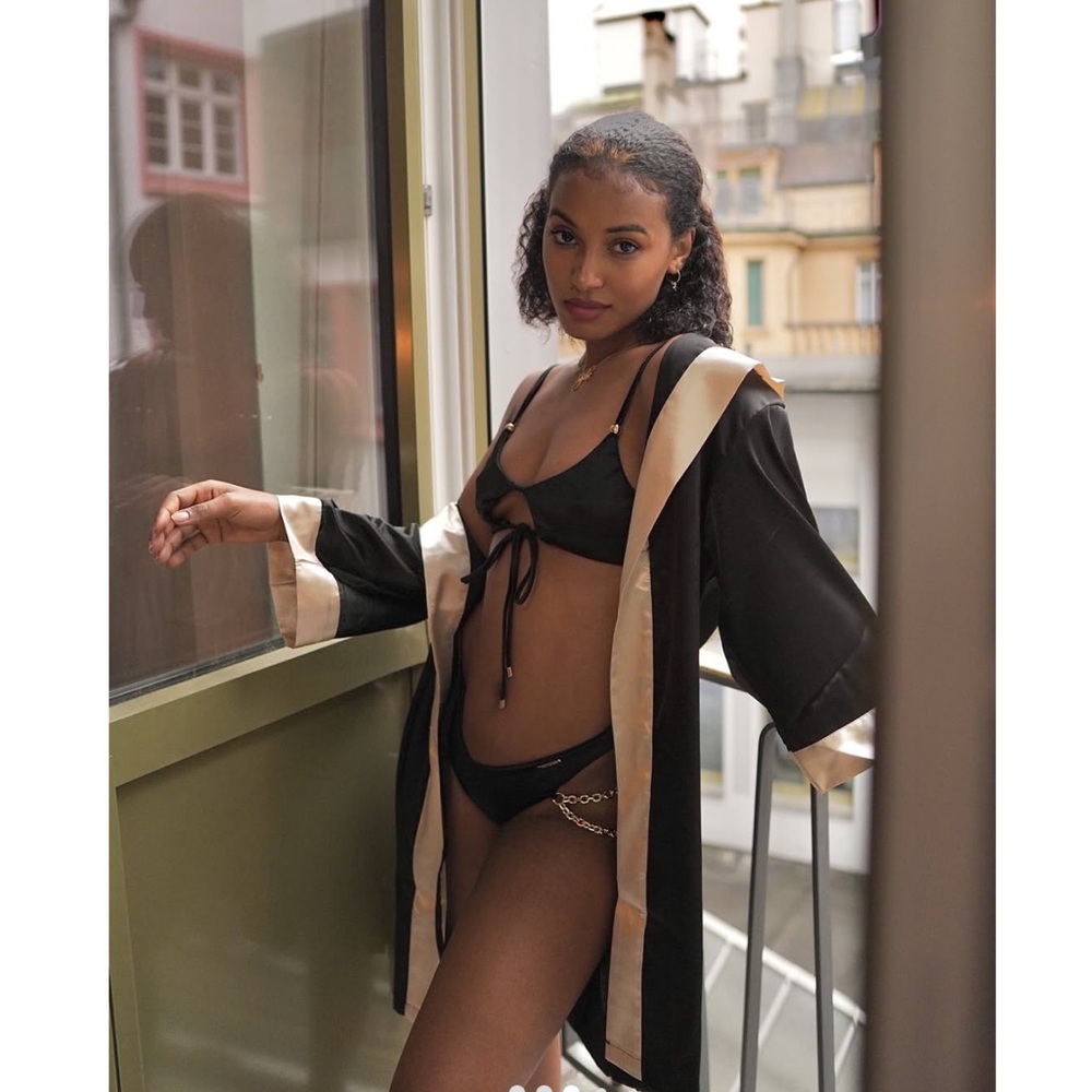 Skyline Black Golden Satin Robe Womens